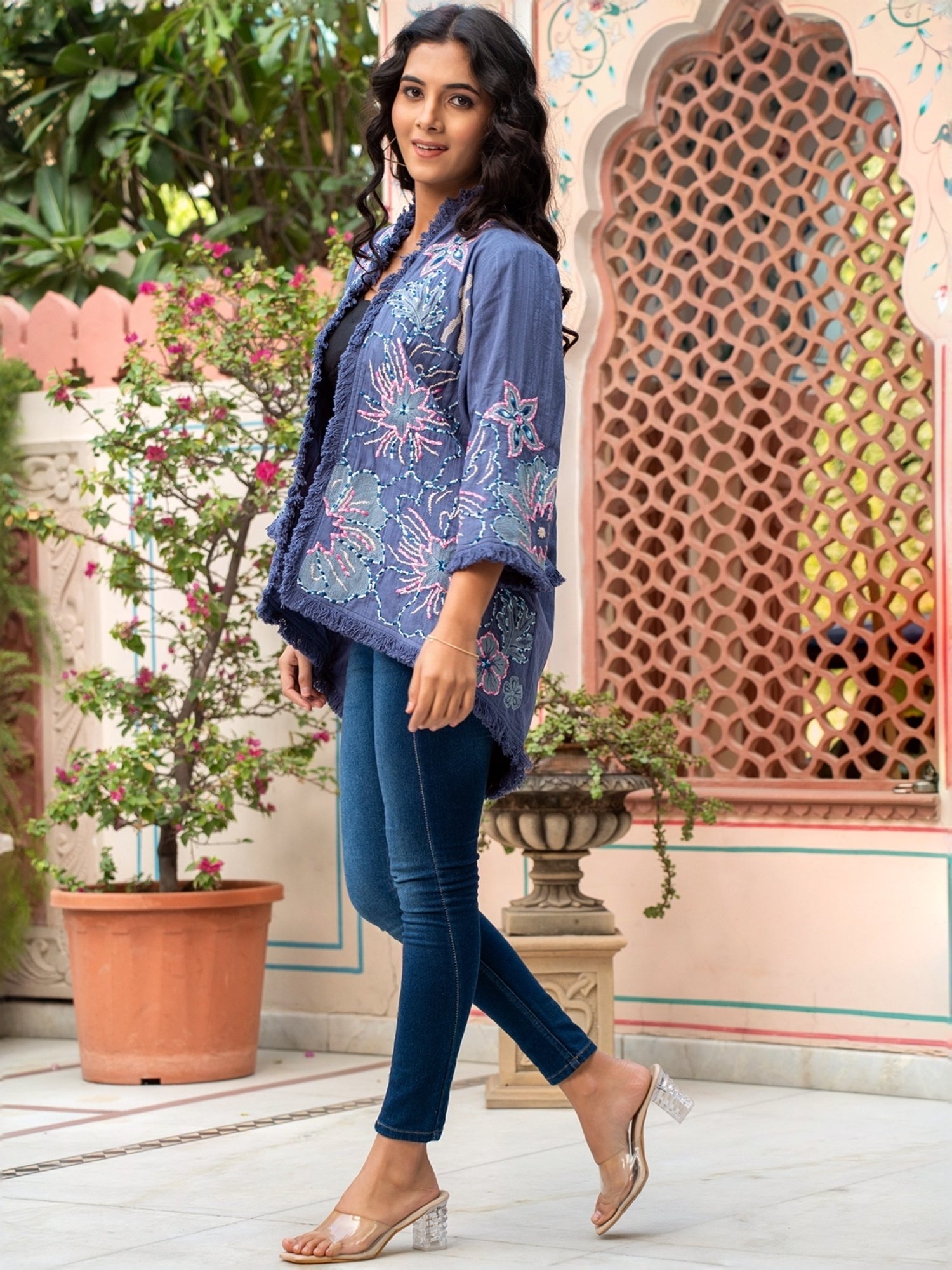 Zolo Label Blue Cotton Embroidered Jacket