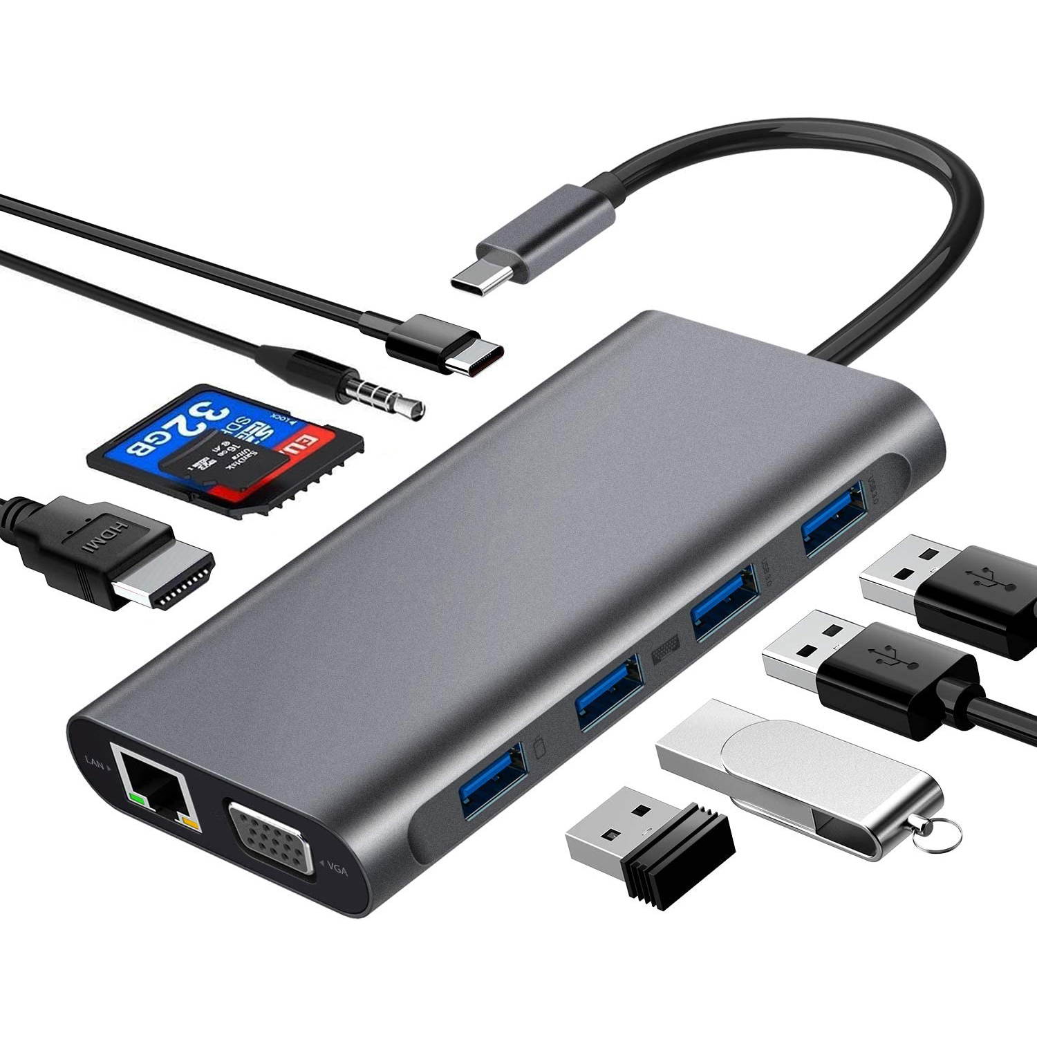 USB C Hub, Type C Hub, 11-in-1 Adapter with Ethernet, 4K USB C to HDMI, VGA, 2 USB3.0 2 USB2.0, Micro SD/TF Card Reader, Mic/Audio, USB-C Pd 3.0, Compatible for Mac Pro and Other Type C Laptops