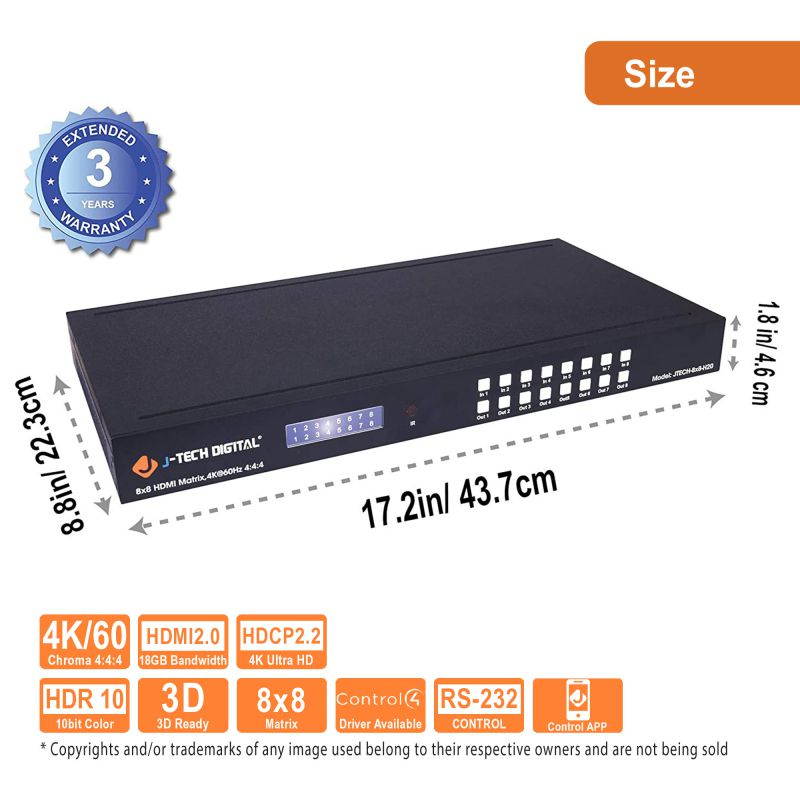 J-Tech Digital 8X8 HDMI Matrix Switcher 4K@60Hz 4:4:4 Ultra HD HDMI 2.0 Supports HDCP 2.2/1.4, EDID, DTS, Dolby HD, Control4 Driver [JTECH-8X8-H20]