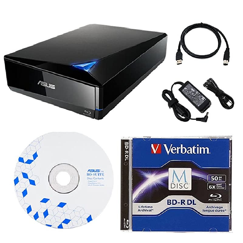 16x External Blu-ray Drive with BD Suite Disc, USB 3.0 Cable, Power Adapter and Cord (BW-16D1X-U) Bundle with 50GB Verbatim M-DISC BD-R DL