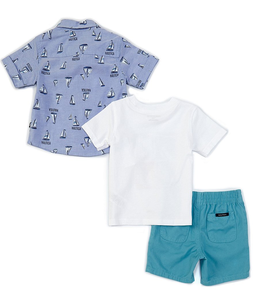 Nautica Baby Boys 12-24 Months Short-Sleeve Sailboat-Print Oxford Shirt, Short-Sleeve Graphic Tee & Shorts Set