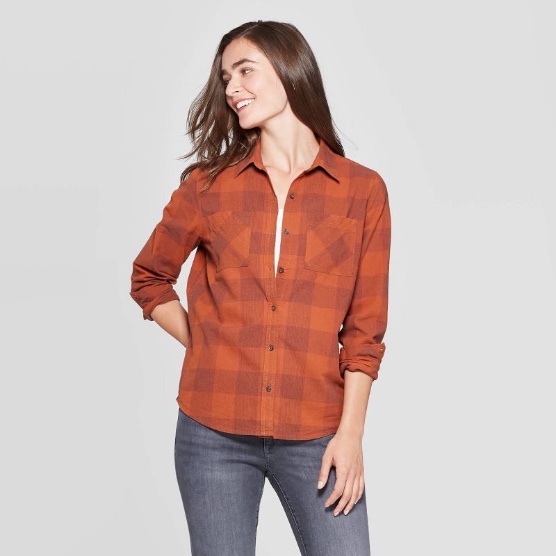 Women's Plaid Long Sleeve Cotton Flannel Shirt - Universal Thread™ Rust S