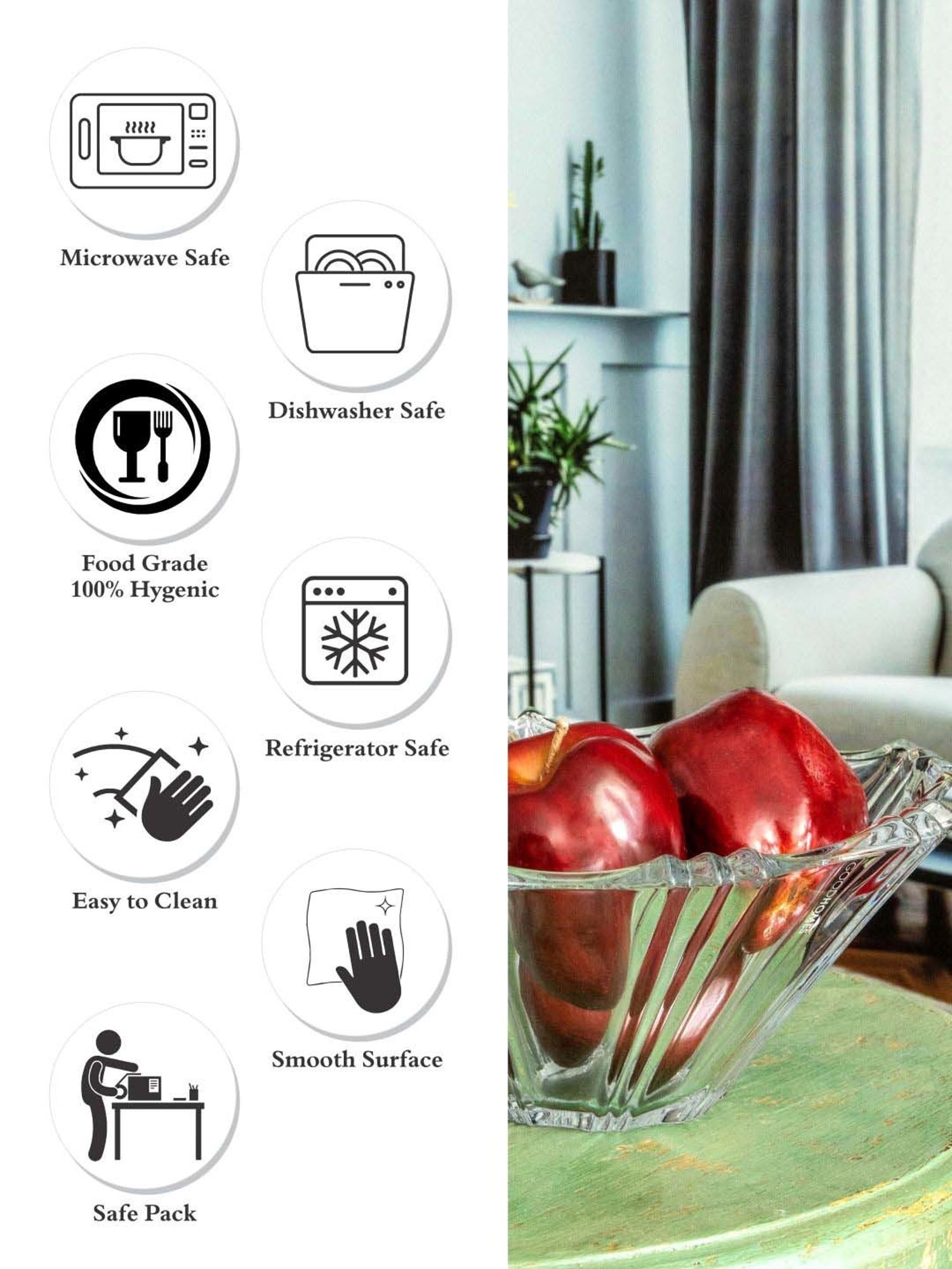 Goodhomes Transparent Glass Large Fruit Bowl (1.5 L)