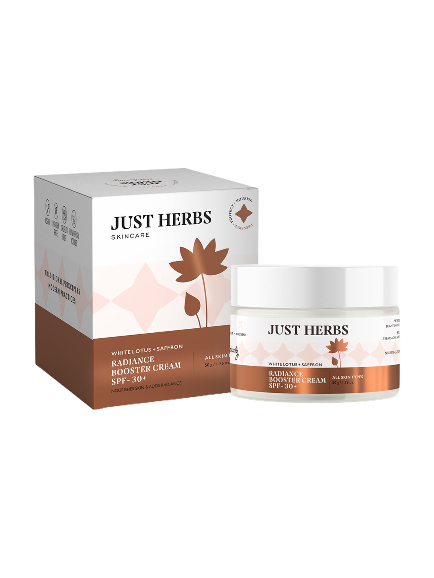JUST HERBS White Lotus + Saffron Radiance Booster Cream with SPF-30+ - 50 gm