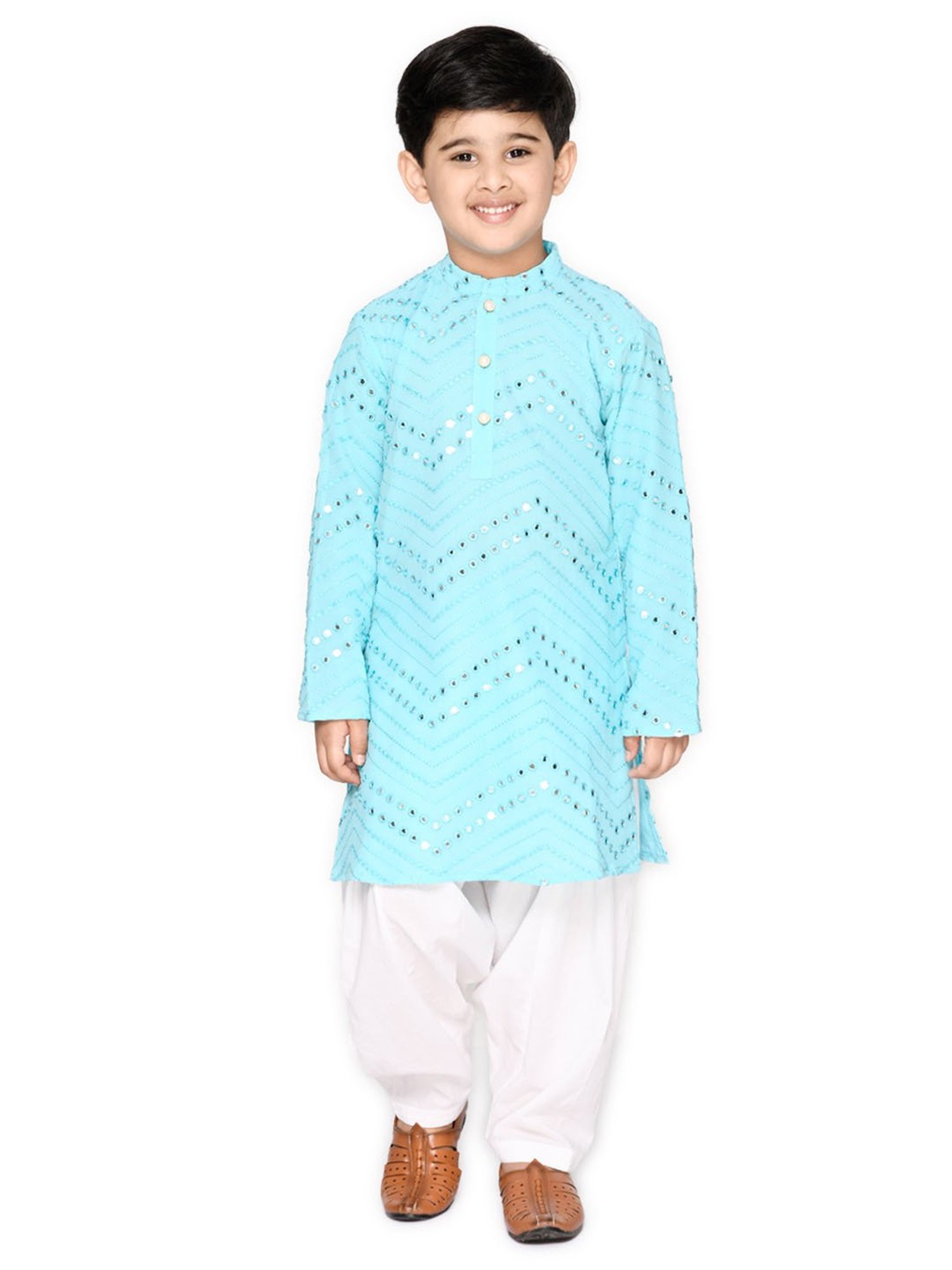 Saka Designs Kids Blue & White Embellished Full Sleeves Kurta with Dhoti