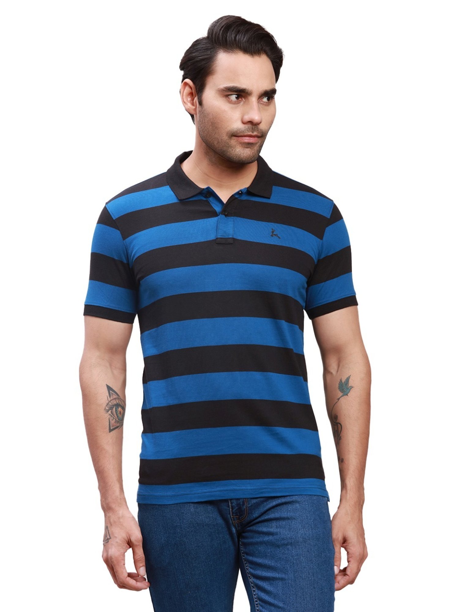 Parx Blue Cotton Regular Fit Colour Block Polo T-Shirt