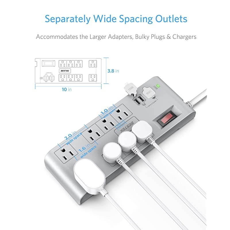 8Outlet 6 Ft Extension Cord Power Strip with USB 15A 1875W Surge Protector with 5V 42A 4 USB Charging Port Desktop Charging Station600JouleUltraCompact Wide Spaced Outlet for Large Adapter