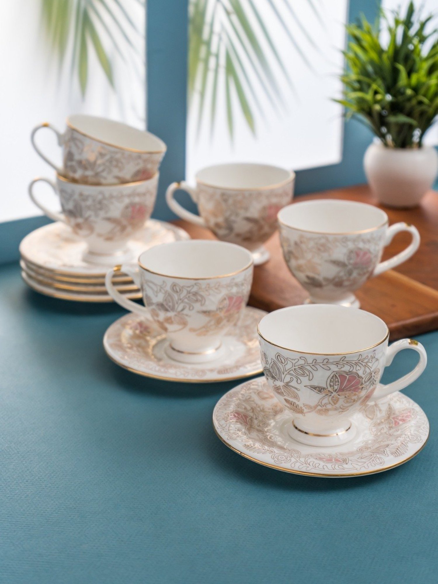 Clay Craft Fine Printed Gold Ceramic Cup & Saucer 180 ml - Set of 12