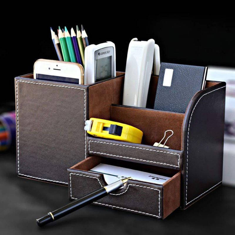 KINGFOM Wooden Struction Leather Multi-function Desk Stationery Organizer Storage Box Pen/Pencil,Cell phone, Business Name Cards Remote Control Holder with Small Drawer Brown