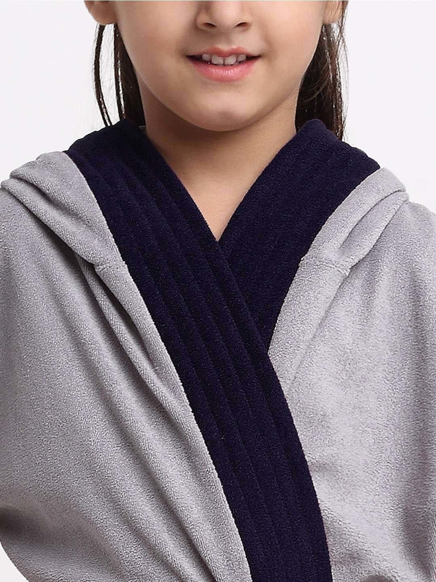 Creeva Melodious Grey & Navy Micro Terry 225 GSM Kids Hooded Bathrobe 6-7 Years With Pocket