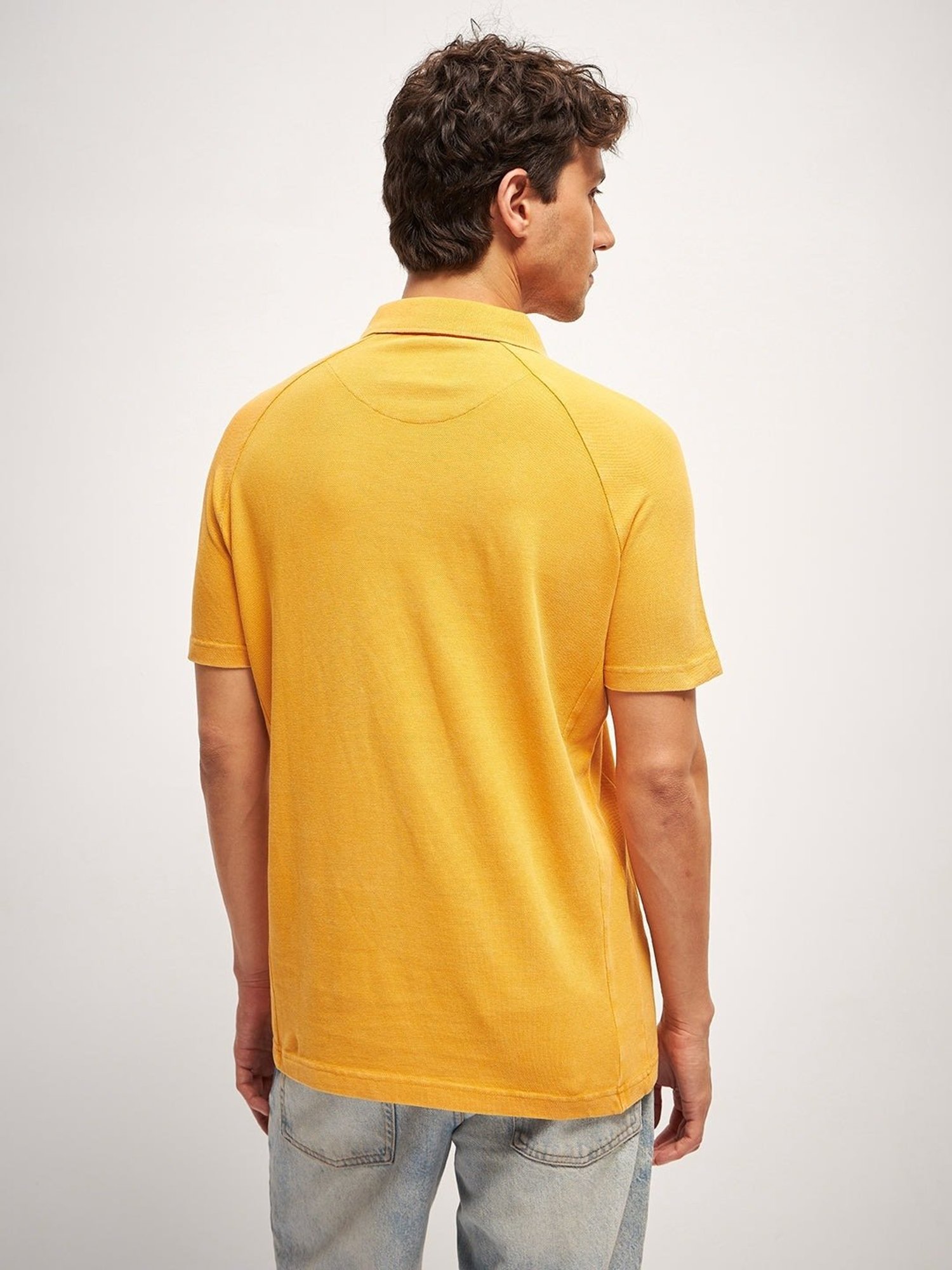 The Bear House Yellow Cotton Regular Fit Self Pattern Polo T-Shirt