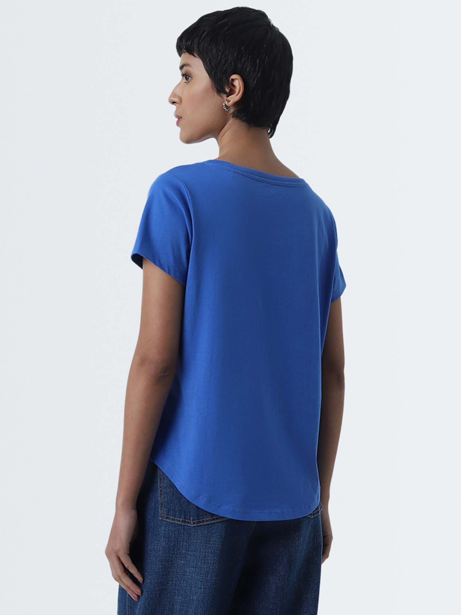 LOV by Westside Blue Floral Printed Cotton T-Shirt