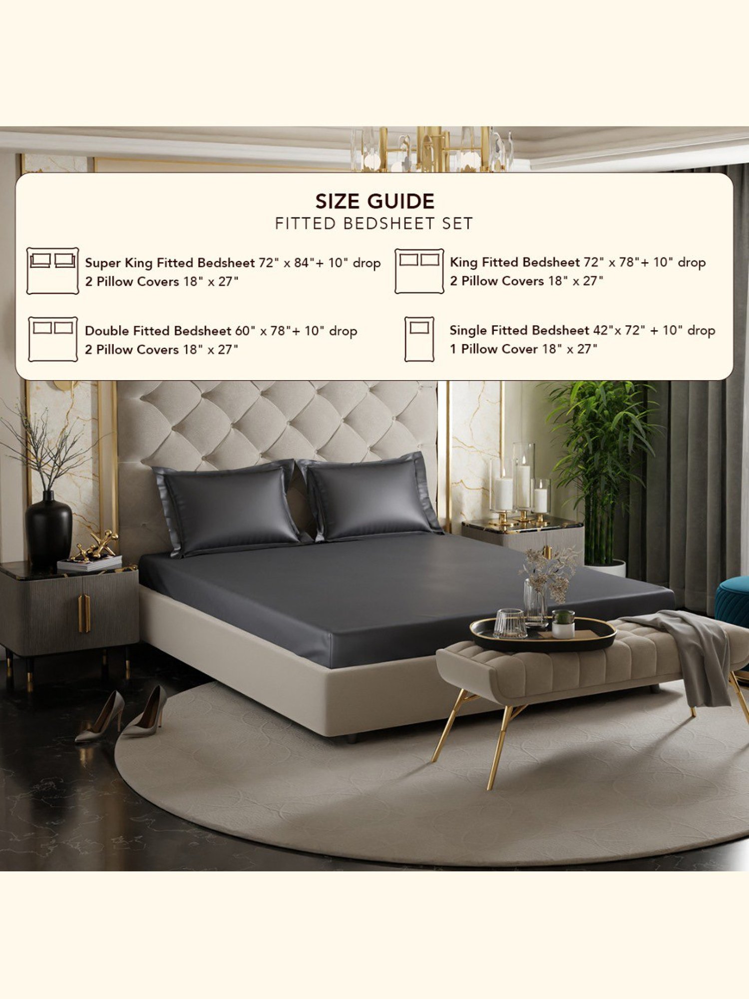 Stoa Paris Charcoal Grey 300 TC Polyester Double Fitted Sheet with 2 Pillow Covers