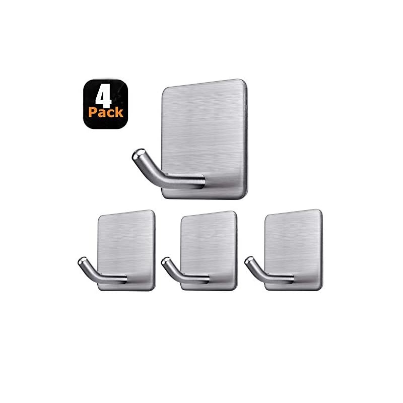Hooks Heavy Duty Stick on Wall Hooks Hangers Towel Hooks for Hanging Bathroom Kitchen Home Door Closet Cabinet-Stainless Steel-4 Packs