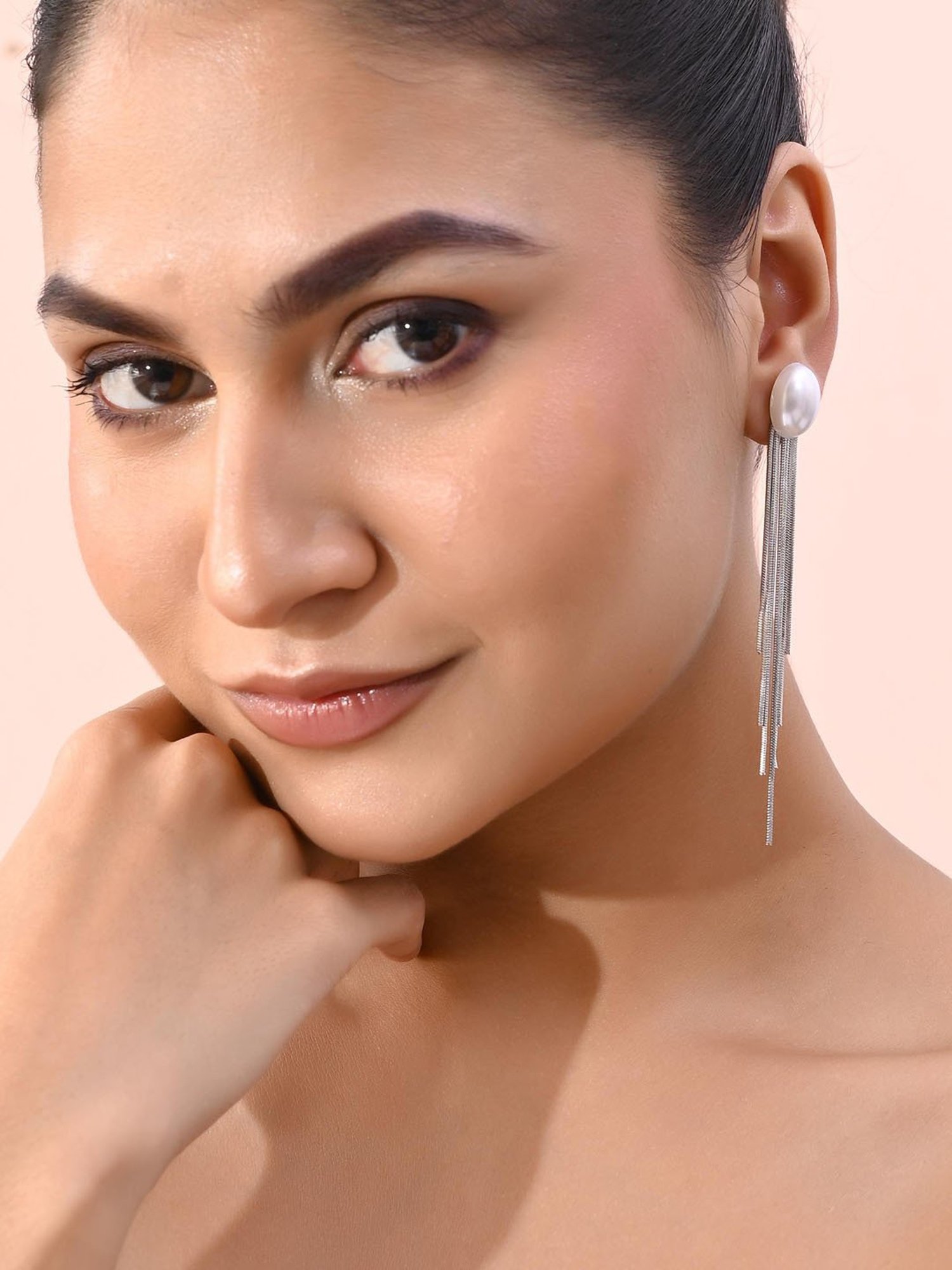 VOJ Silver-Plated Handcrafted Pearl Studded Classic Drop Earrings for Women