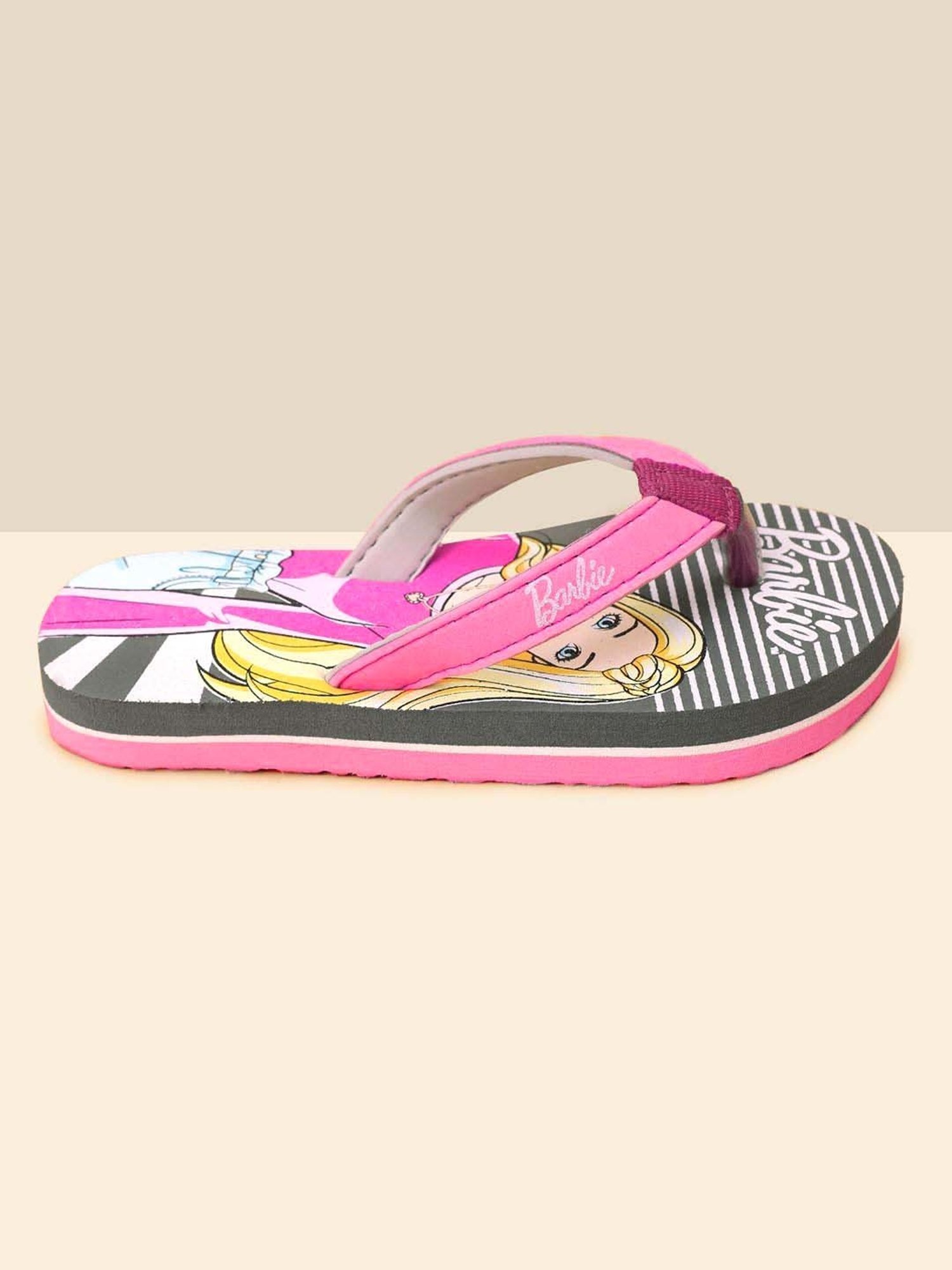 Kidsville Barbie Printed Pink & Grey Flip Flops
