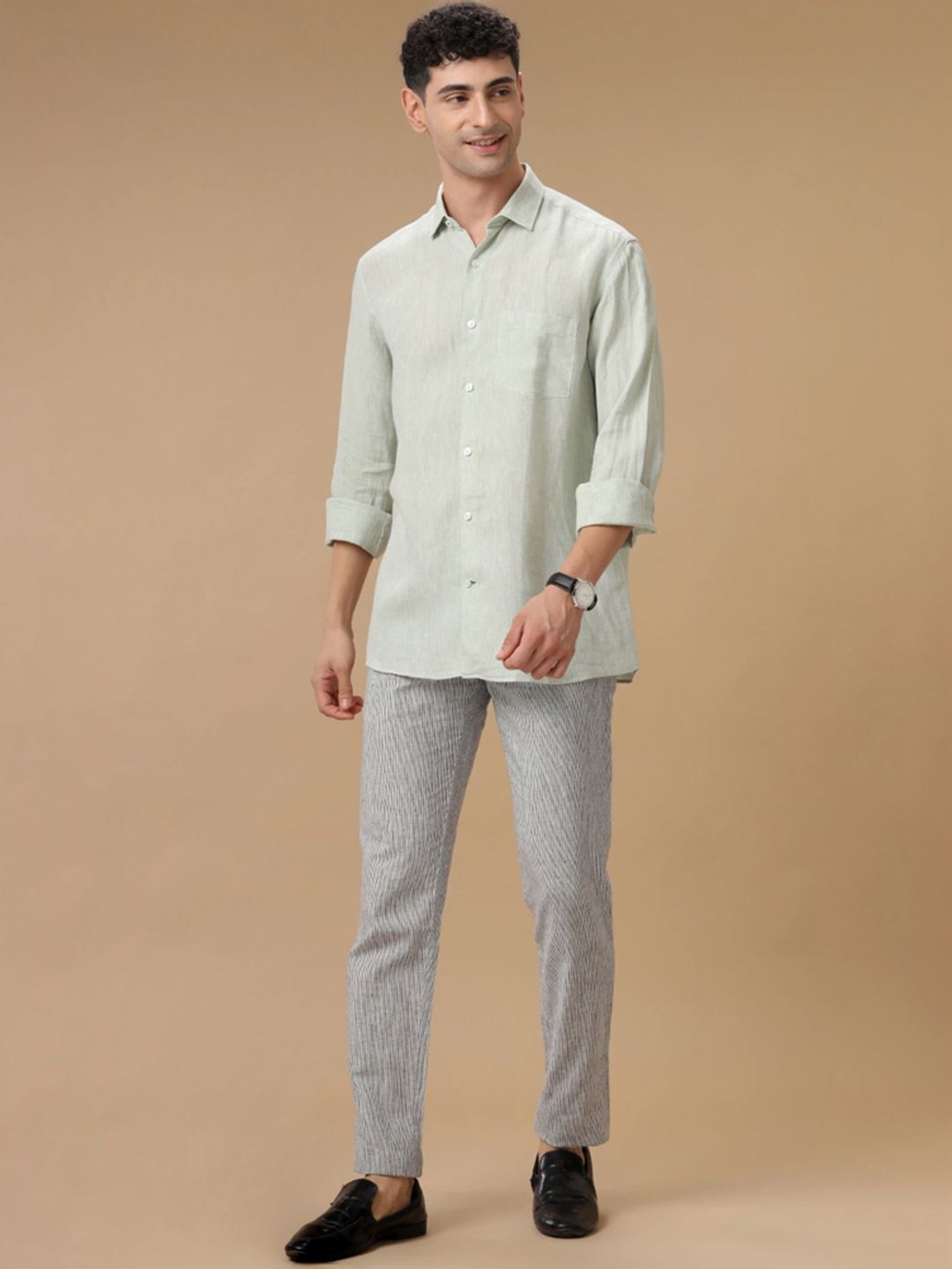 Linen Club Grey Contemporary Fit Striped Trousers