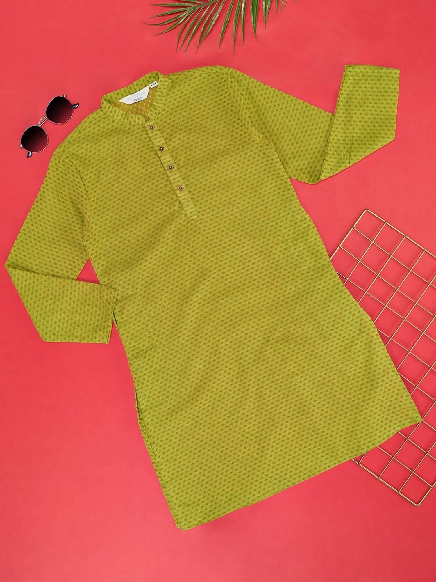 Indus Route by Pantaloons Kids Lime Green Cotton Printed Full Sleeves Kurta