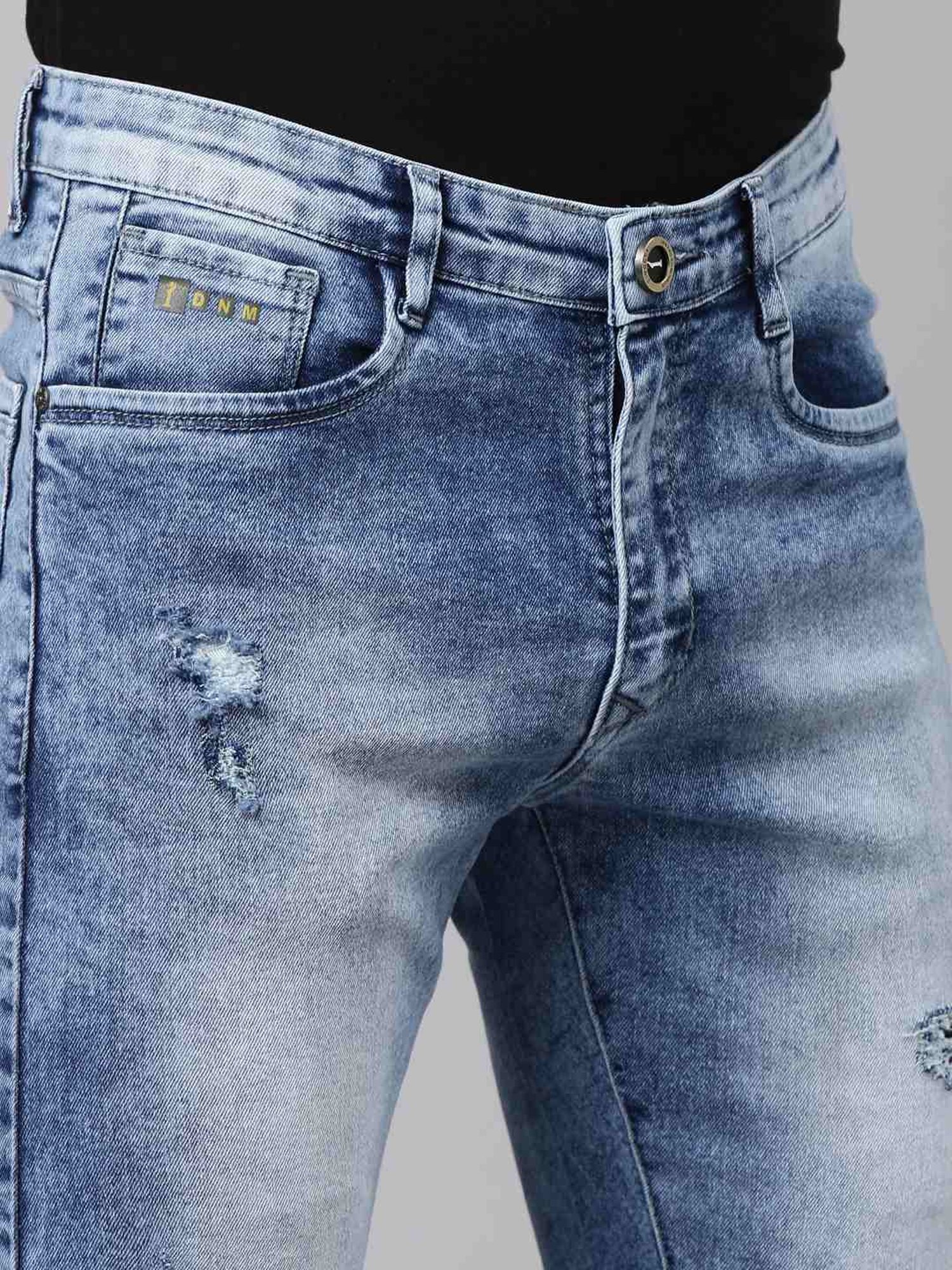 CINOCCI Light Blue Cotton Slim Fit Distressed Jeans