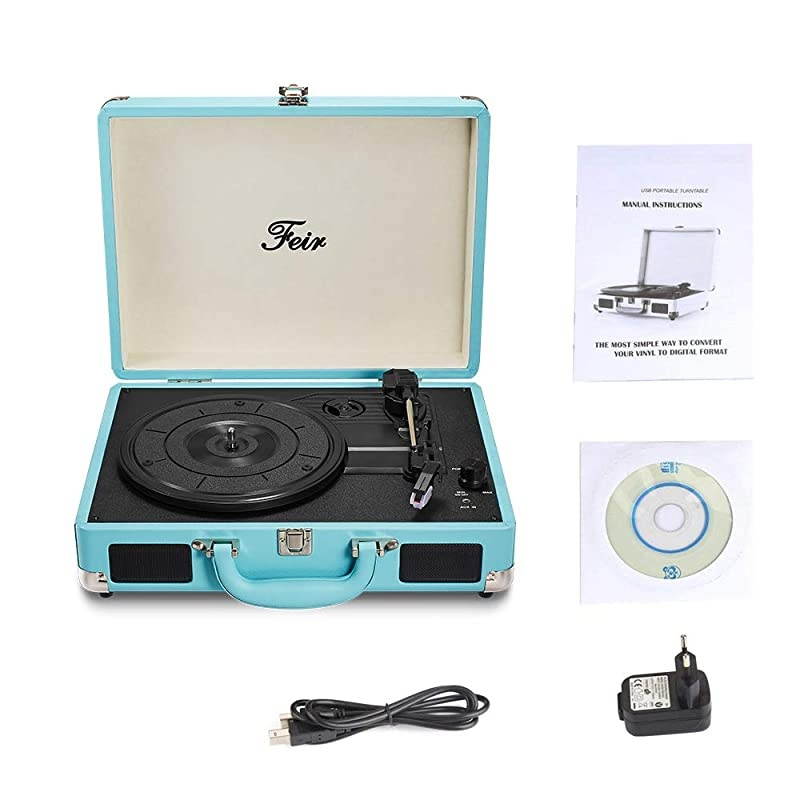 Stereo Blue Record Player 3 Speed Portable Turntable Suitcase Built in 2 Speakers RCA Line Out AUX Headphone Jack PC Recorder