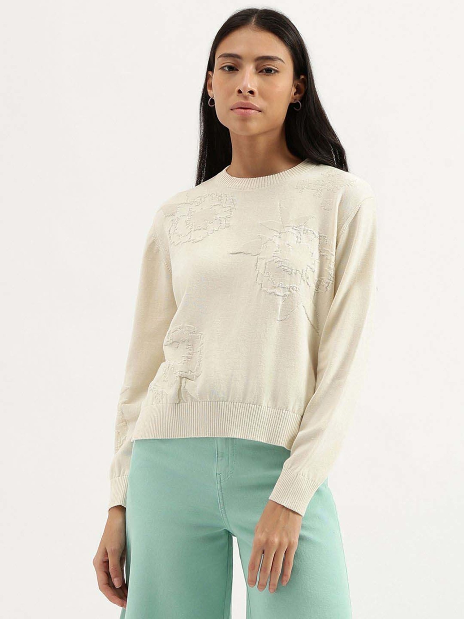 United Colors of Benetton Off White Cotton Self Pattern Top