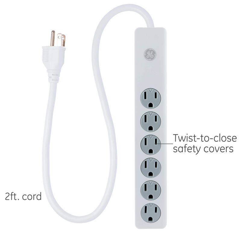 GE 6 Outlet Surge Protector, 10 Ft Extension Cord, Power Strip, 800 Joules, Flat Plug, Twist-to-Close Safety Covers, White, 14092