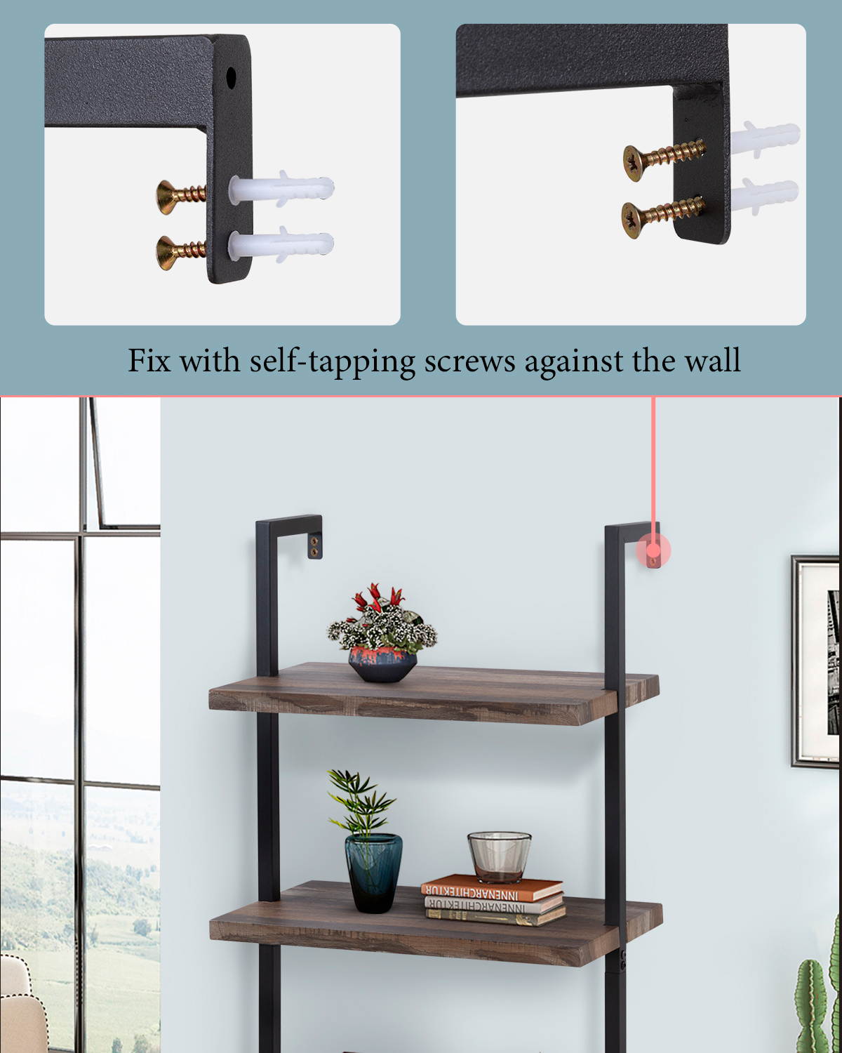 4-Shelf Bookcase Open Wall Mount Ladder Bookshelf with Industrial Metal Frame For Home Office Study, 60-inch