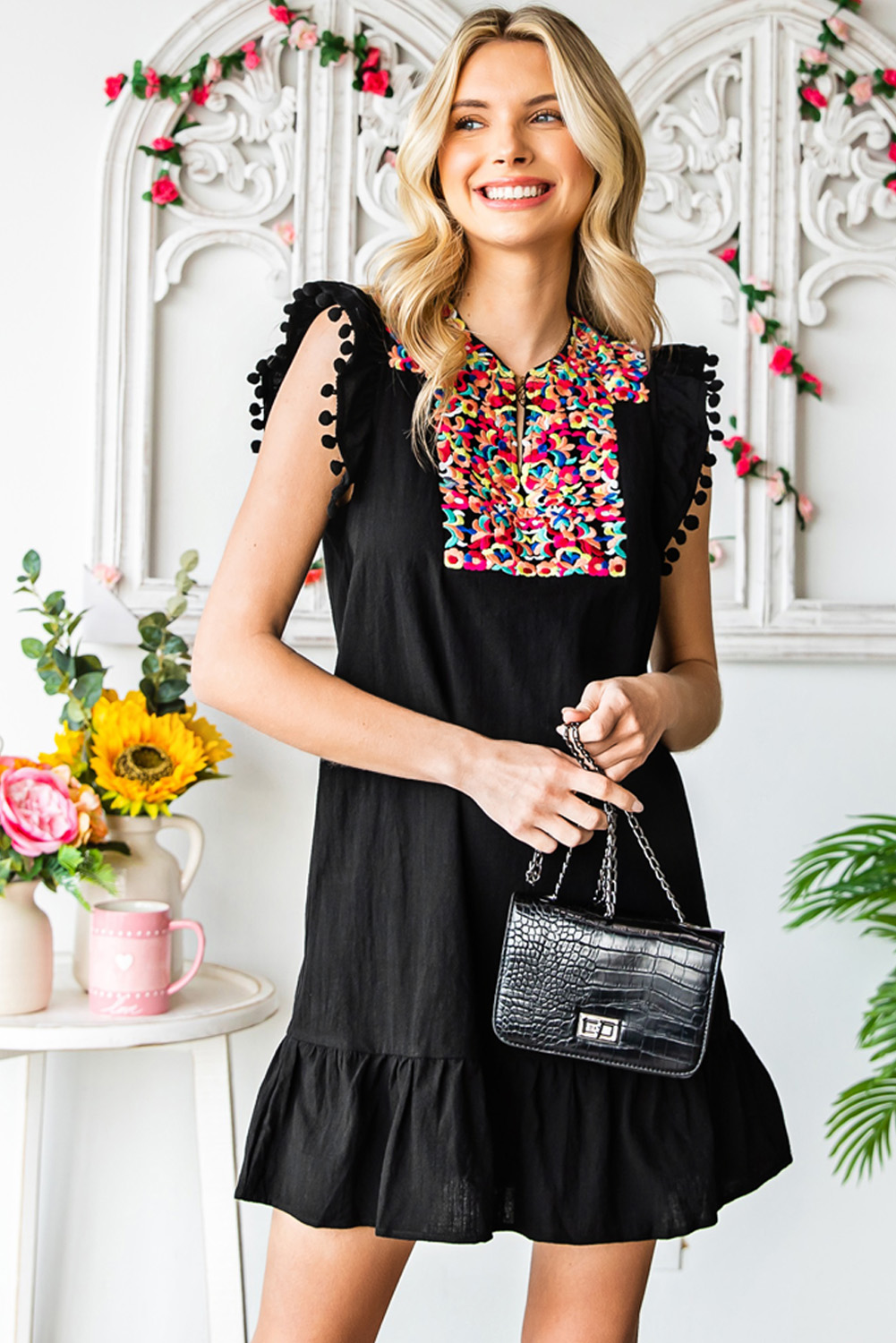 Black Pom Pom A Line Ruffled Sleeveless Short Dress