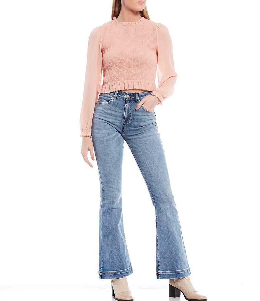 Chelsea & Violet Smocked Back Zip Long Sleeve Cropped Top