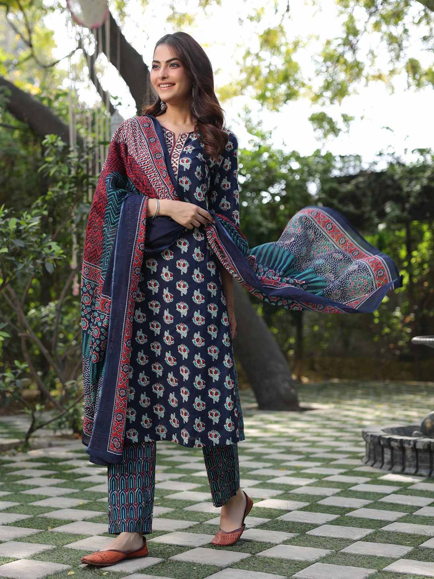 Rain and Rainbow Blue Cotton Embroidered Kurta & Pant Set With Dupatta