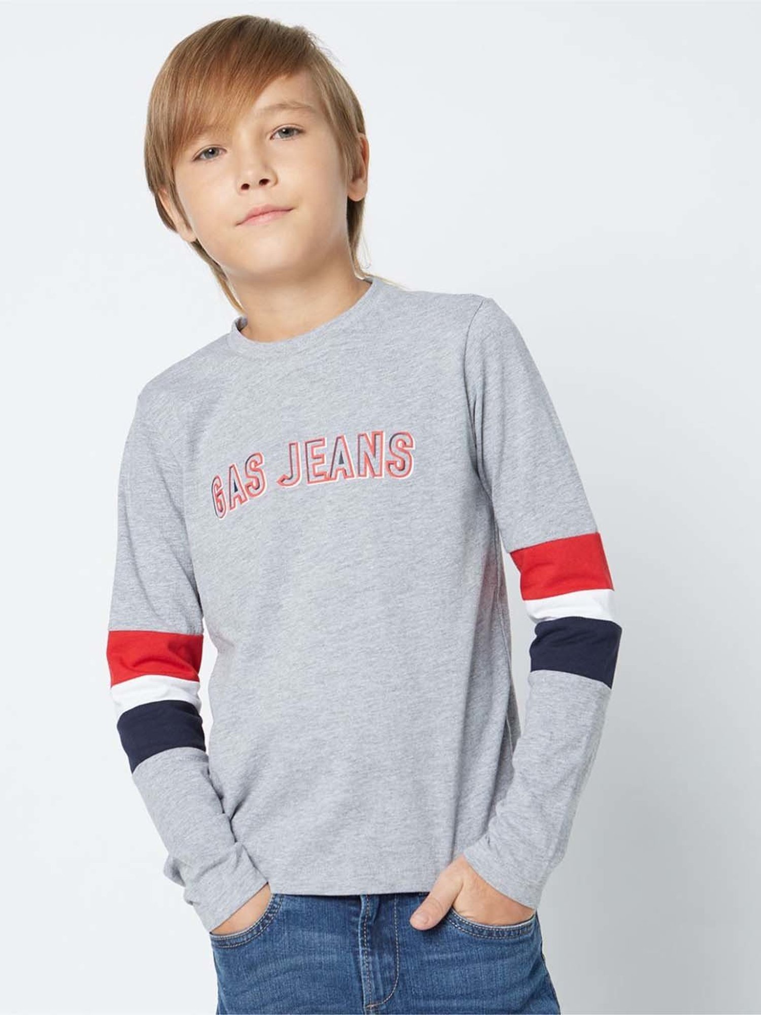 Gas Kids Grey Cotton Printed Full Sleeves T-Shirt