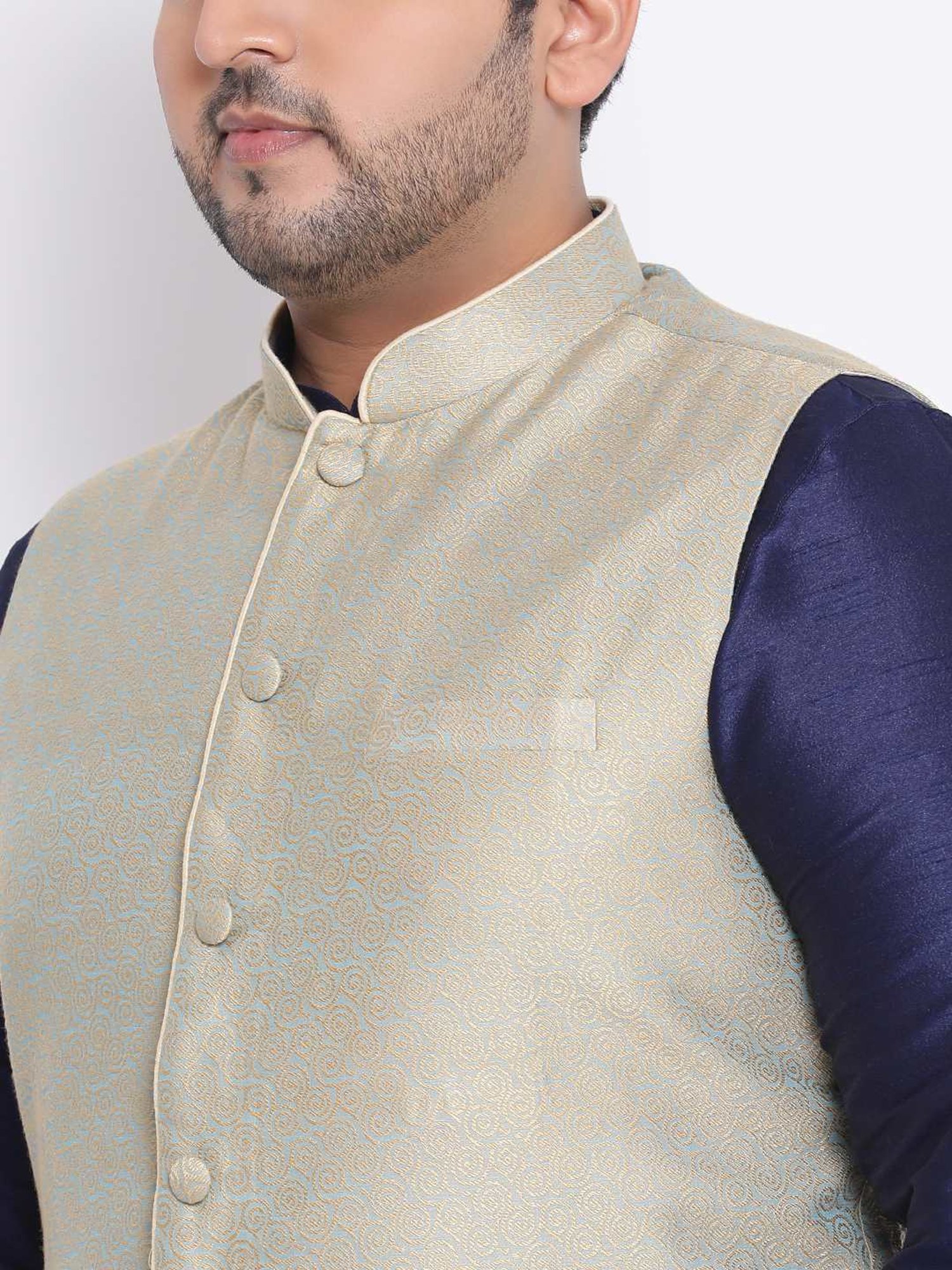 KISAH PLUS Beige & Navy Regular Fit Jacquard Kurta Set With Jacket