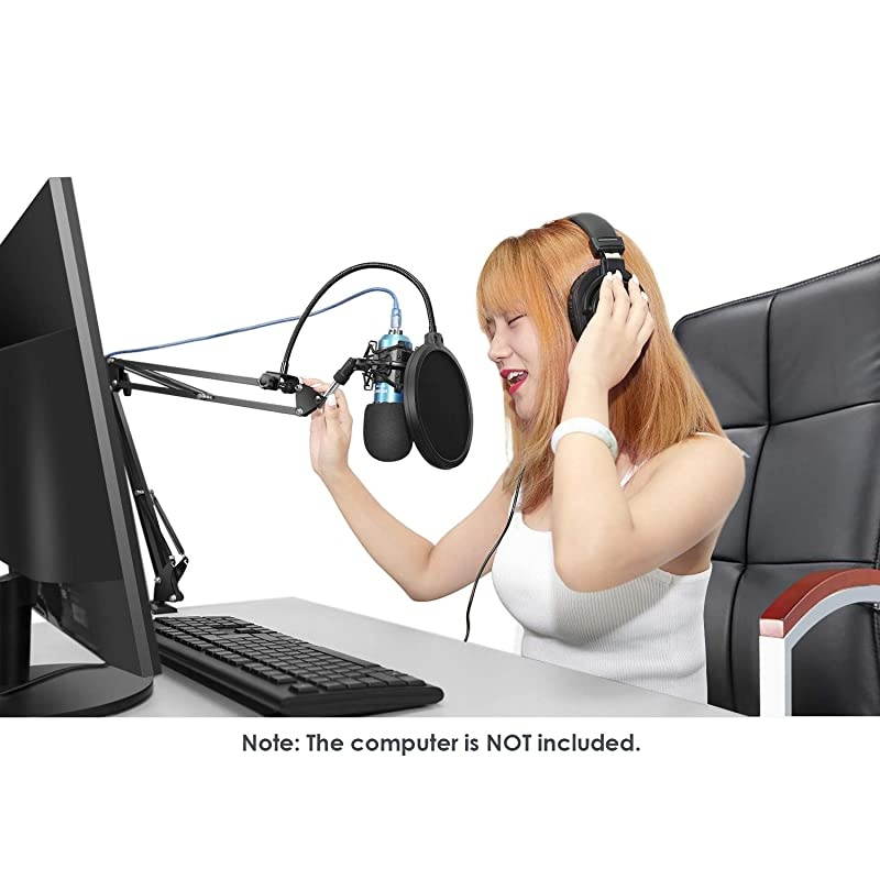 USB Microphone with Suspension Scissor Arm Stand Shock Mount Monitor Headphone Pop Filter USB Cable and Table Mounting Clamp Kit for Sound Recording for Windows and Mac BlueSilver