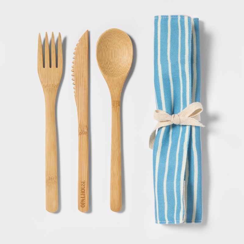 3pc Bamboo Utensil Set with Bag Blue/Cream Stripe - Opalhouse™