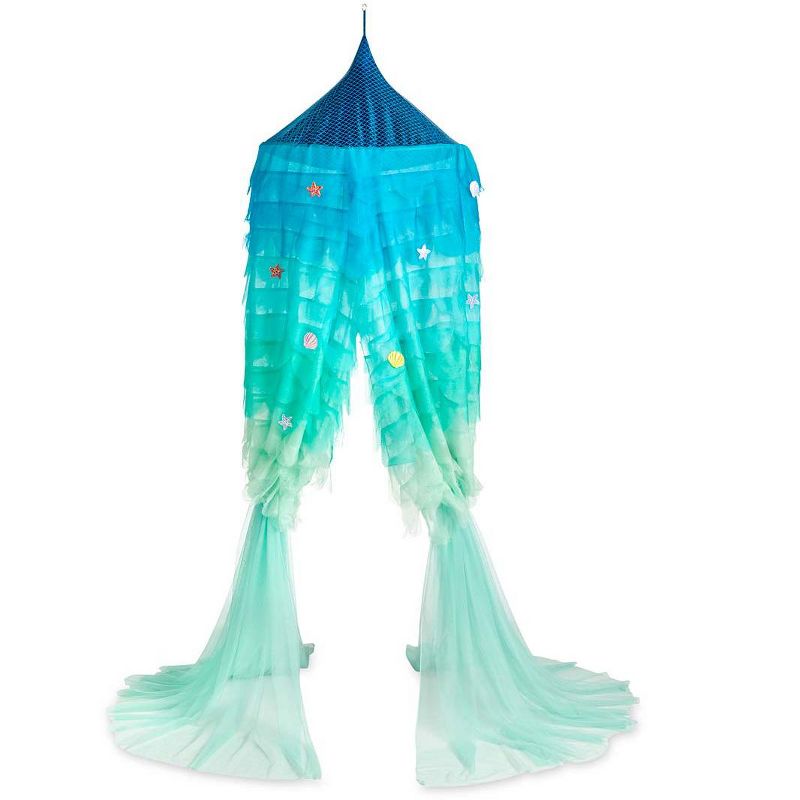HearthSong Mermaid Blue Scalloped Gauze Canopy with LED Lights and Decorative Appliqu'e Shells and Starfish