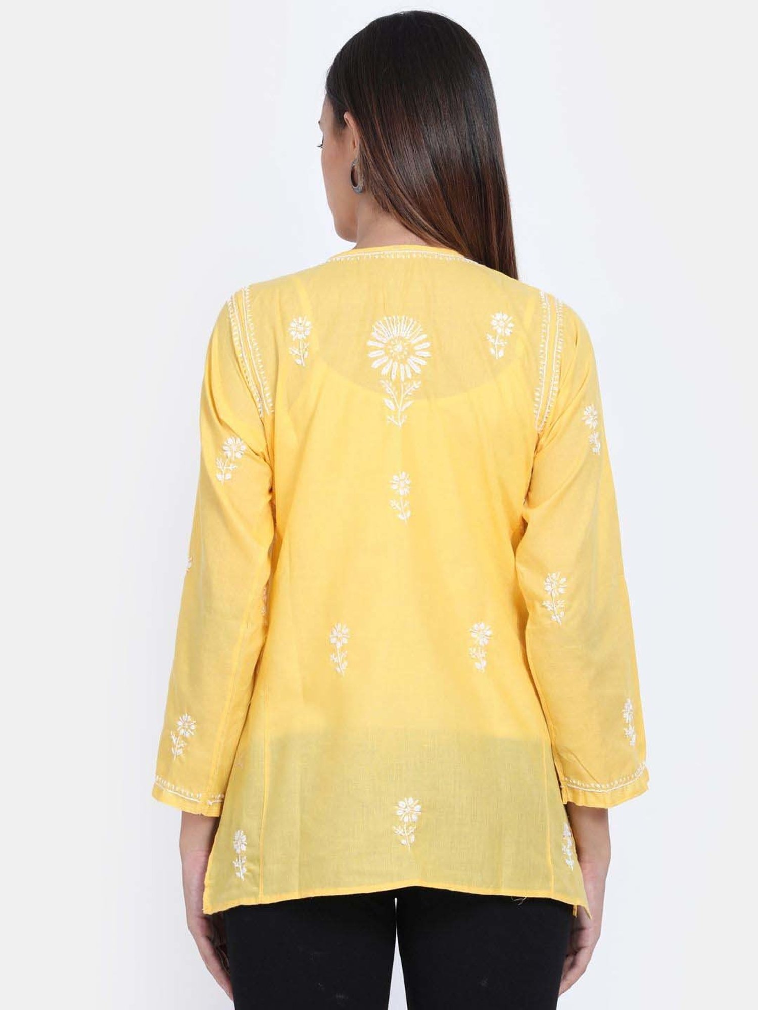 PARAMOUNT CHIKAN Yellow Cotton Chikankari Straight Kurti