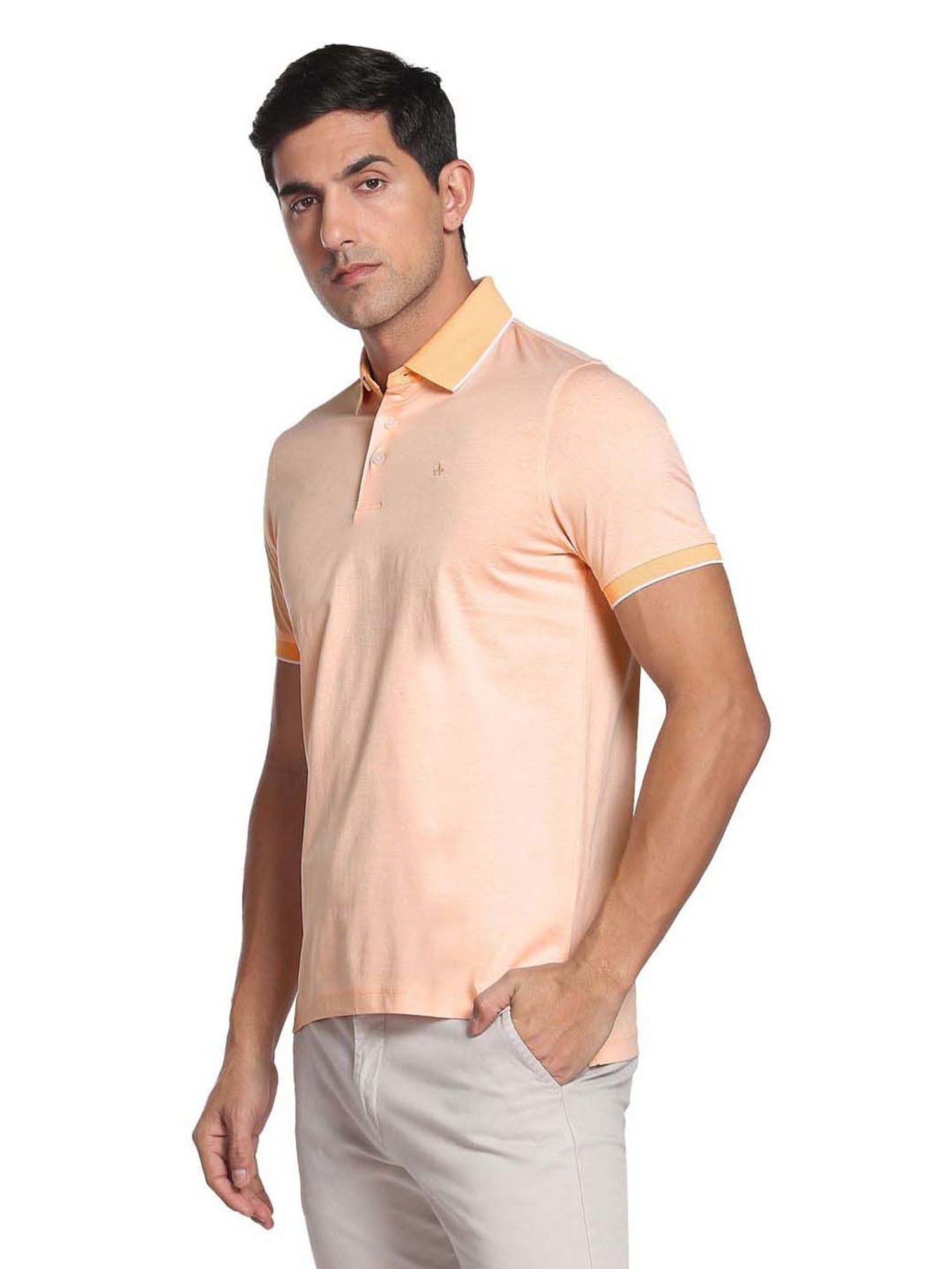 Arrow Peach Cotton Regular Fit Striped Polo T-Shirt