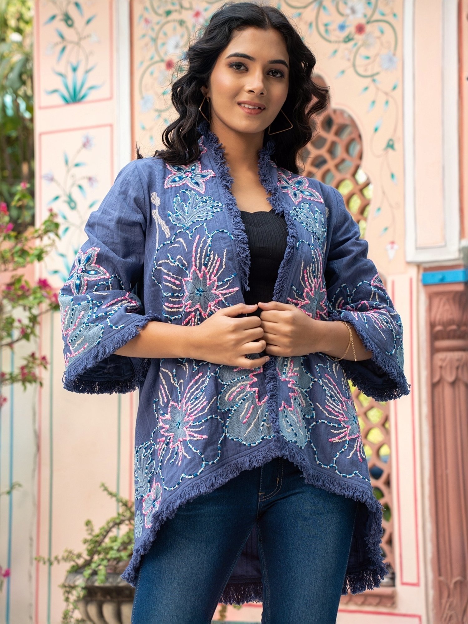 Zolo Label Blue Cotton Embroidered Jacket