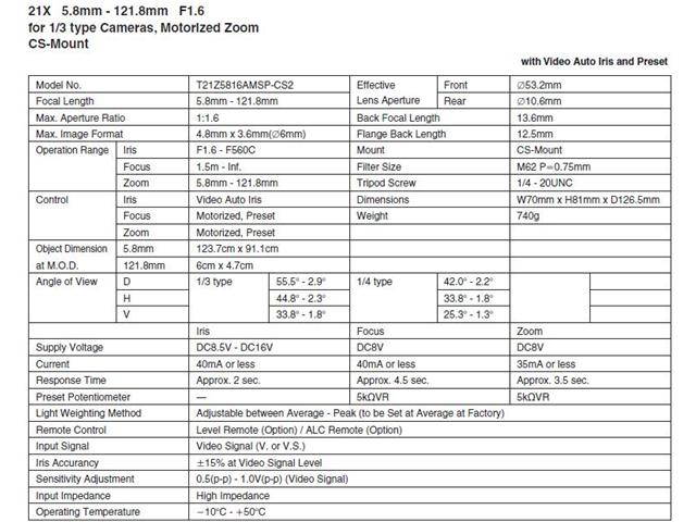 Computar Ganz High Quality CCTV Camera Lens T21Z5816AMSP 1/3" 5.8-121mm f1.8 21X Motorized Zoom, Video Auto Iris w/spot & preset (CS Mount)