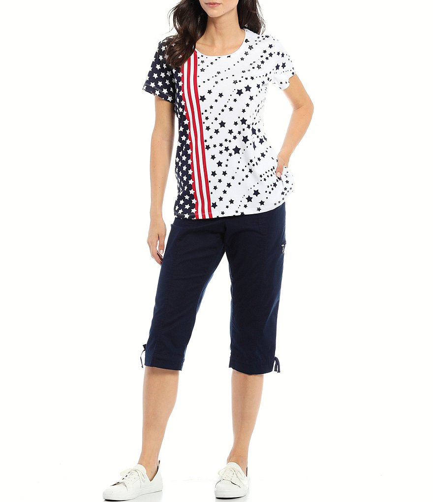 Allison Daley Stretch Side Back Elastic Waist Pull-On Tie-Hem Details Capri Pants