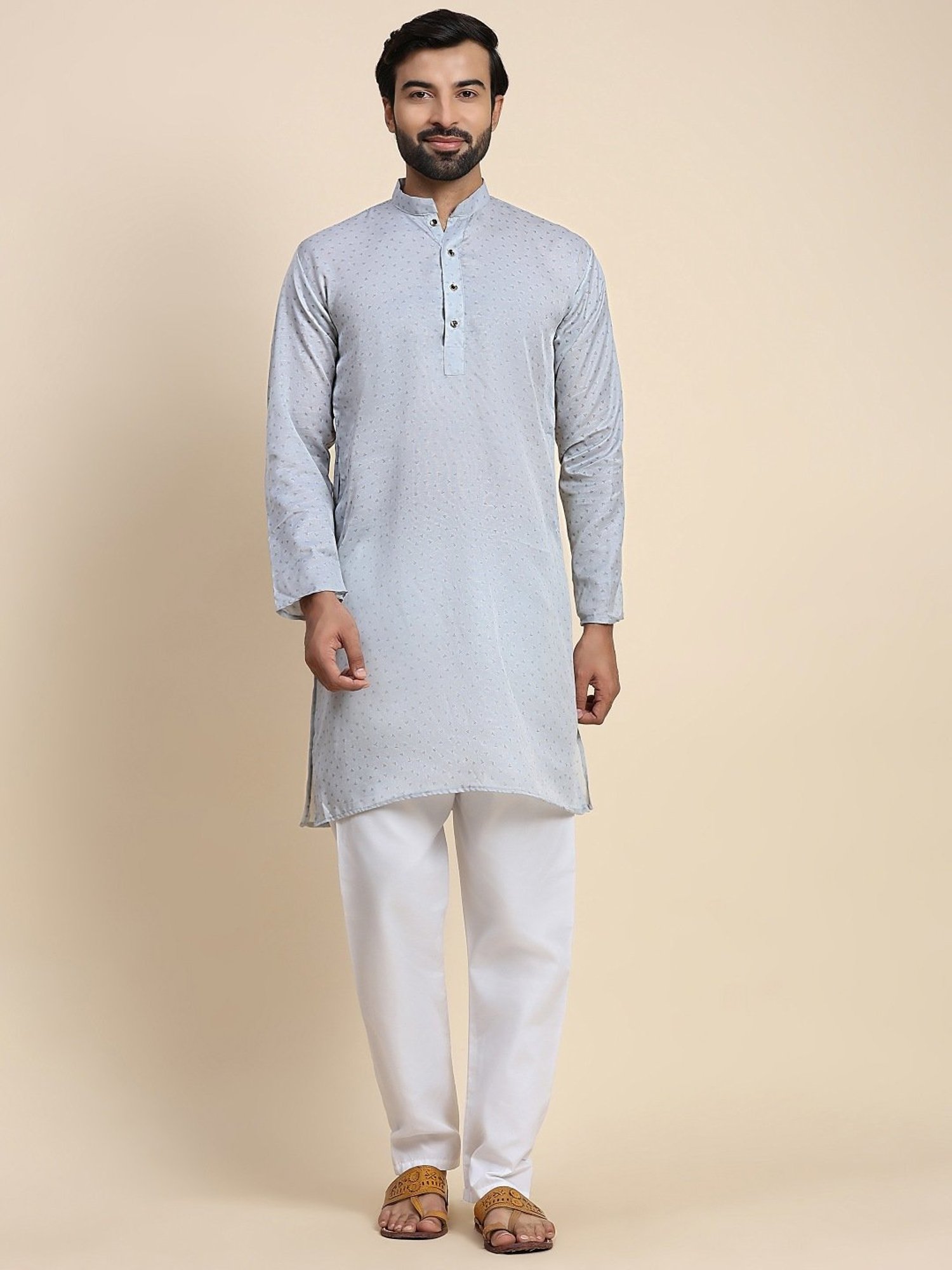 Pro-Ethic Style Developer Grey & White Cotton Regular Fit Printed Kurta Bottom Set