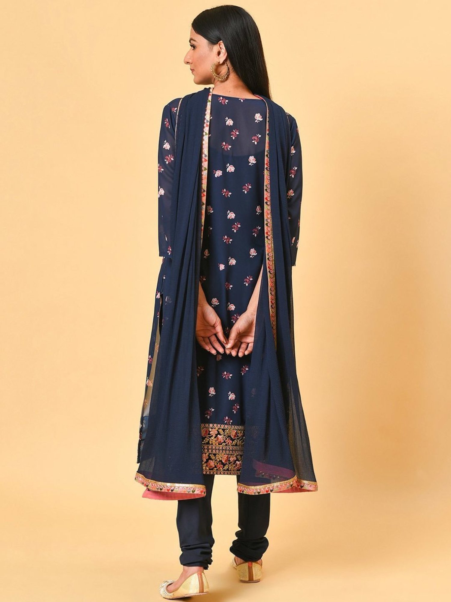 Nuhh Blue Printed Kurta with Churidar & Dupatta