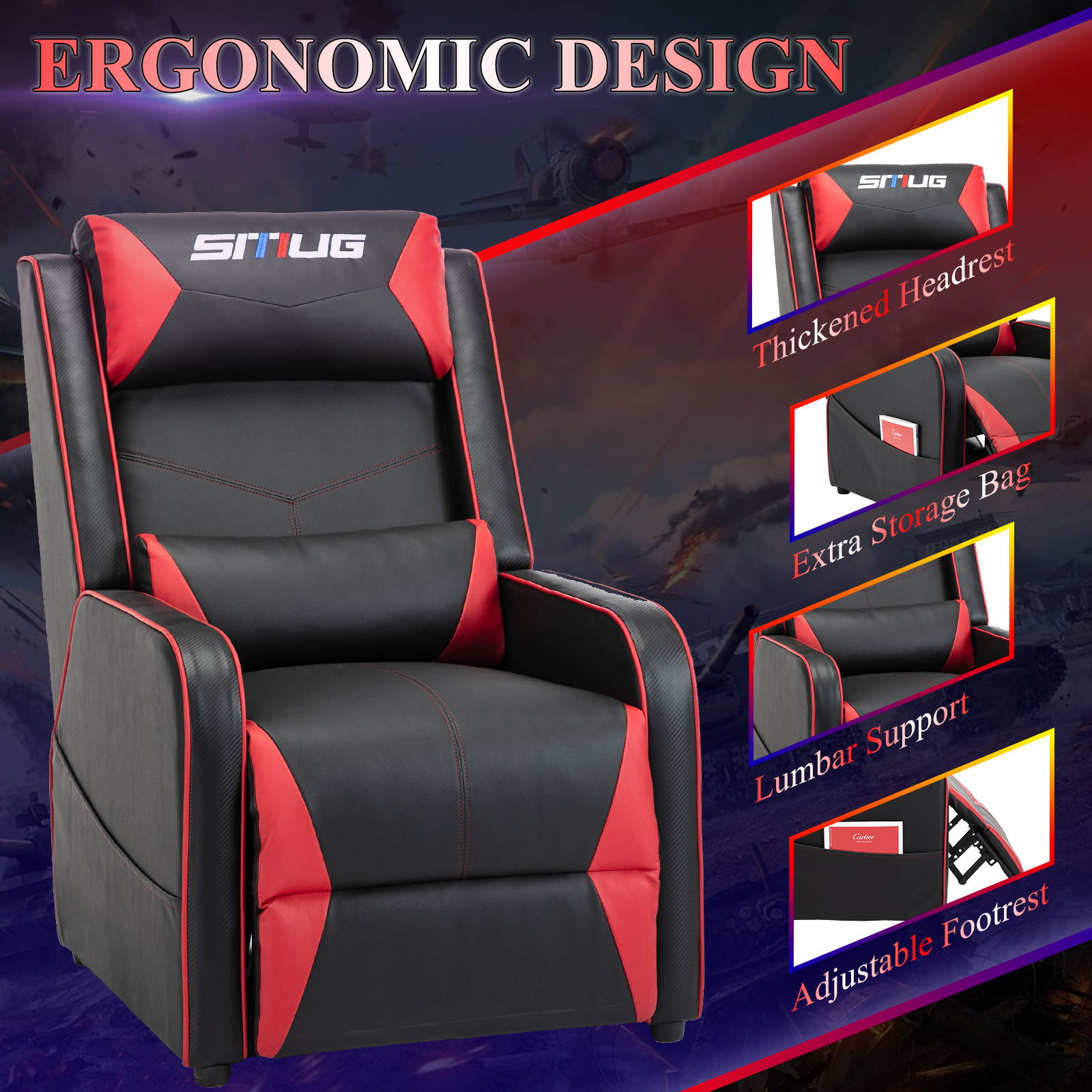 Gaming Recliner Chair Racing Style Single PU Leather Sofa Comfortable Living Room Recliners Ergonomic Adjustable Home Theater Seating - Red