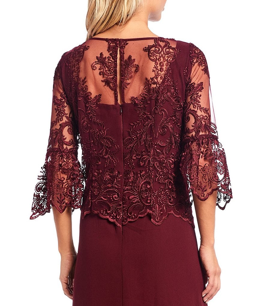 Le Bos A-Line 3/4 Bell Sleeve Lace Popover Cascade Long Gown