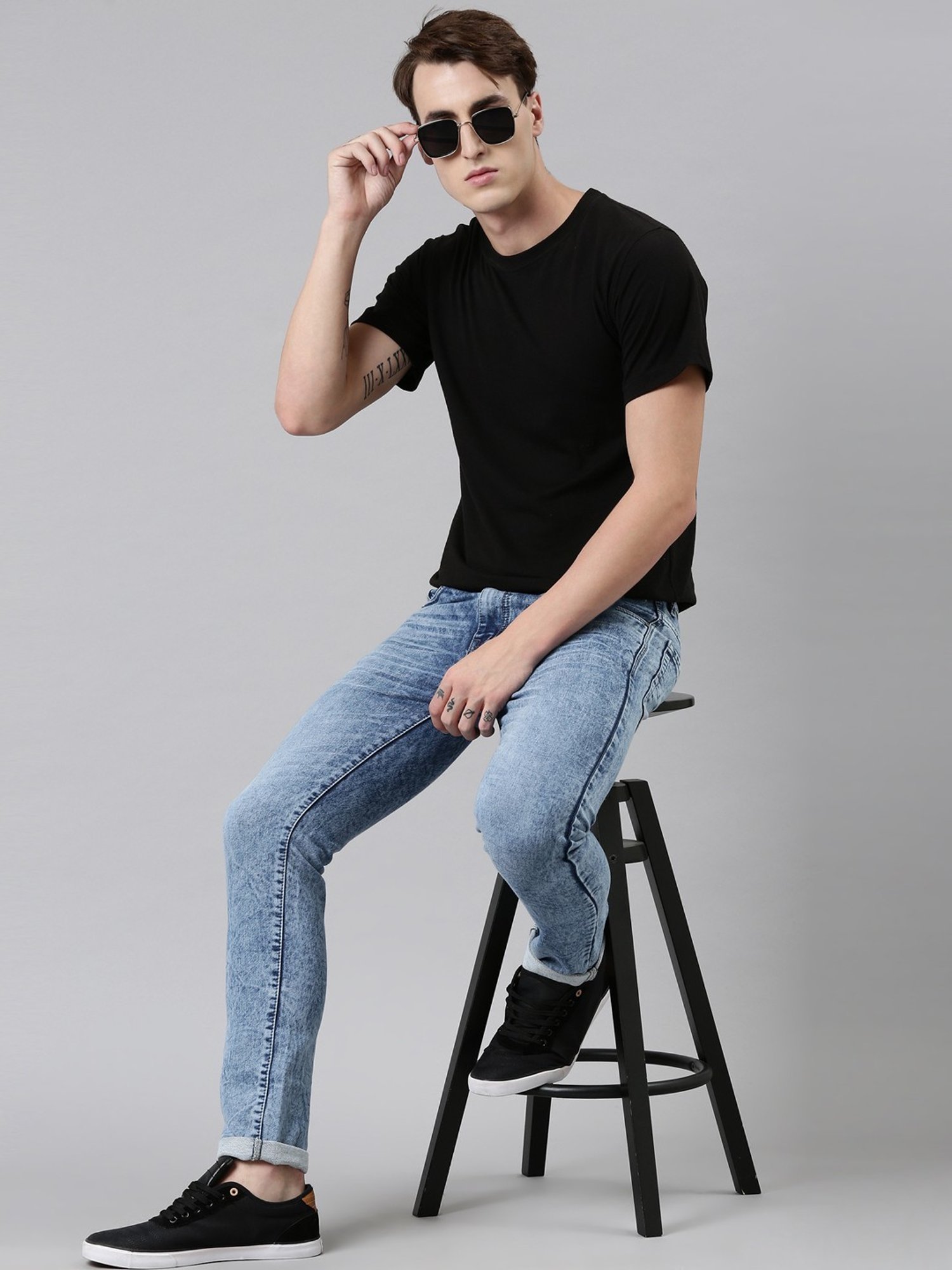 CINOCCI Sky Blue Cotton Slim Fit Jeans