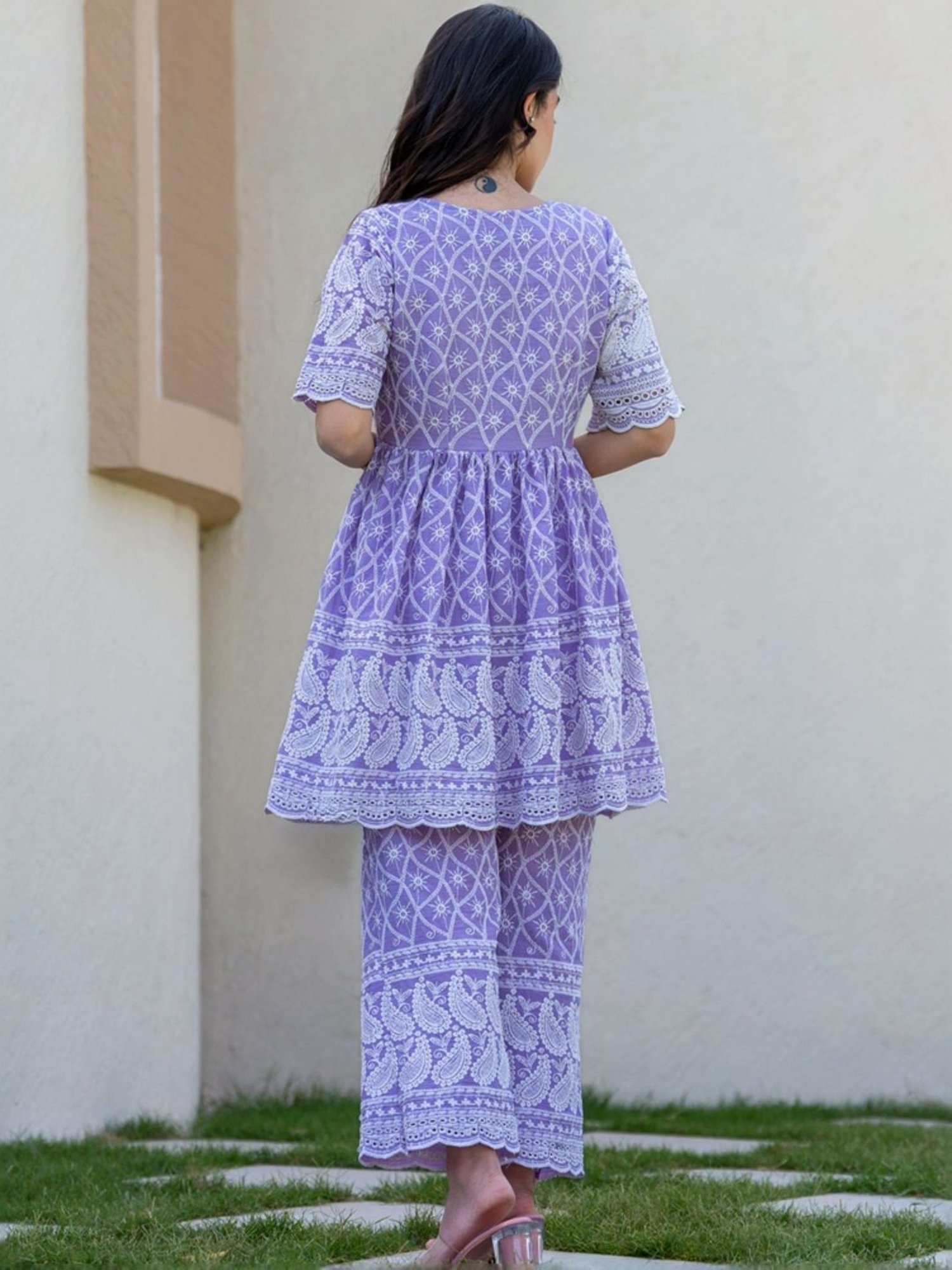 HOUSE OF JAMOTI Purple Cotton Embroidered Tunic Pant Set