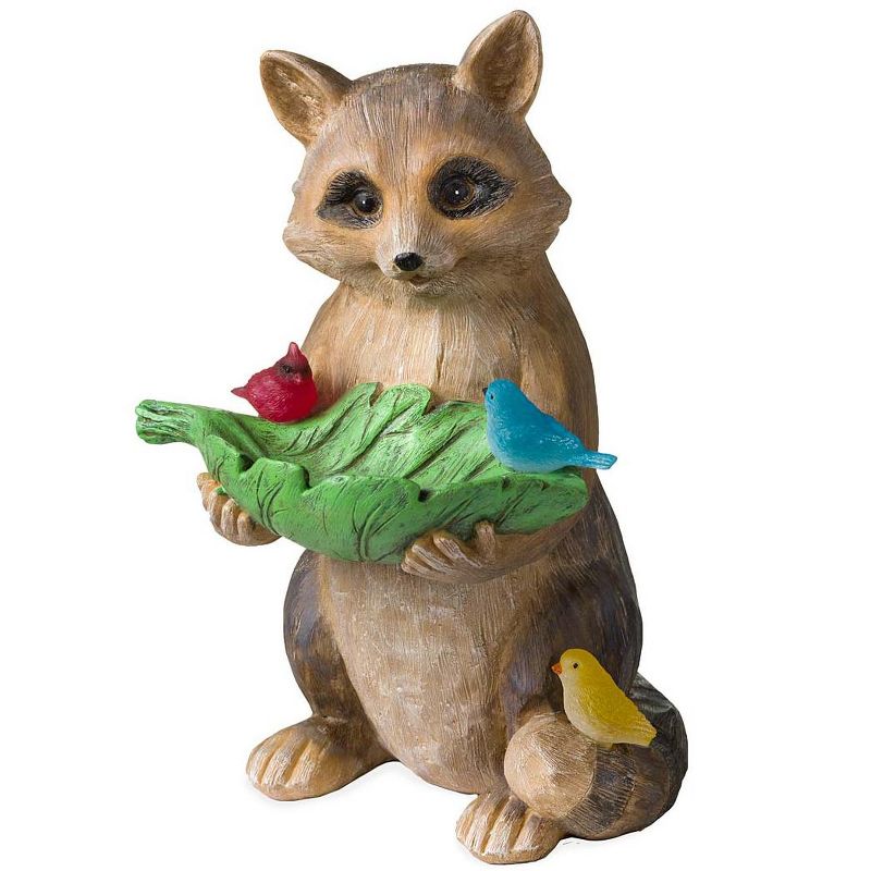Wind & Weather Raccoon With Leaf Bird Feeder with Solar Lighted Birds