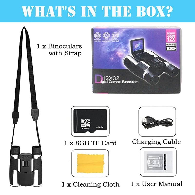 Binoculars Camera Telescope Camera 2" LCD Display 12x32 5MP Video Photo Recorder with Free 8GB Micro SD Card for Watching Bird Football Game Concert