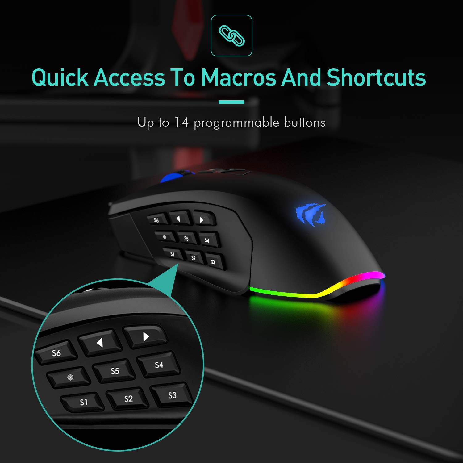 Havit Gaming Mouse 5000 DPI Computer Ergonomic Wired Mice with 14 Programmable Buttons Interchangeable Side Plates (8 Buttons/ 8+6 Side Buttons Mouses), 2 Replaceable Right Plates for Laptop PC Gamer