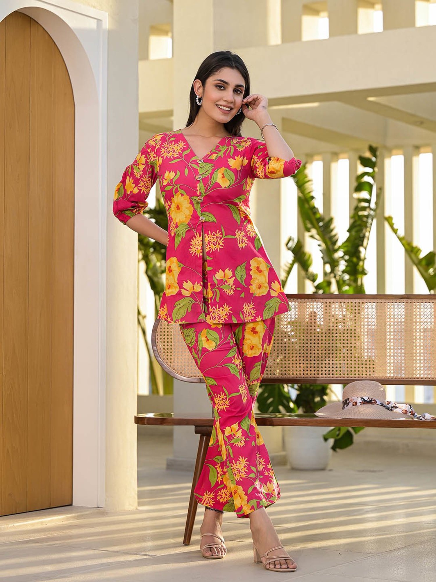 Yufta Pink Floral Print Tunic & Palazzo Set